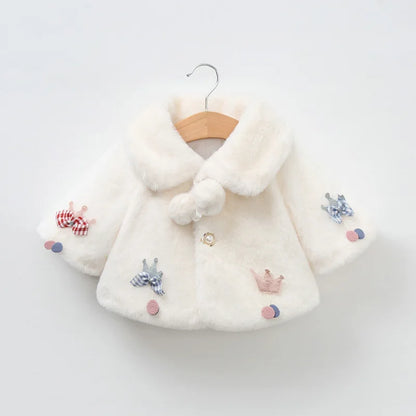 Ivory baby girl faux fur coat with pom-pom collar and bow appliqués, front view