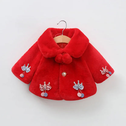 Red baby girl faux fur coat with pom-pom collar, a Christmas outfit for babies