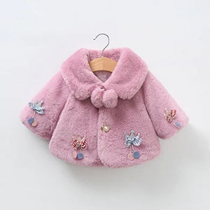 Baby Girl Faux Fur Coat with Pom-Pom Collar