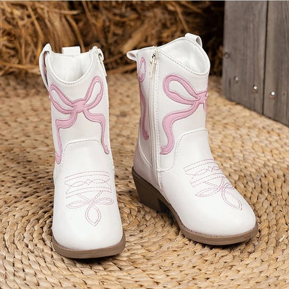 White and pink cowgirl boots with bow embroidery for girls by Magic Tree Kids