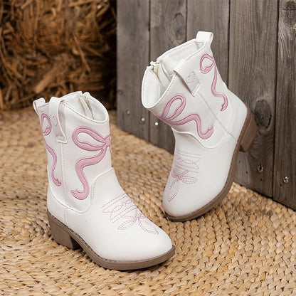 Mid-calf western girls' booties with a sweet side bow detail