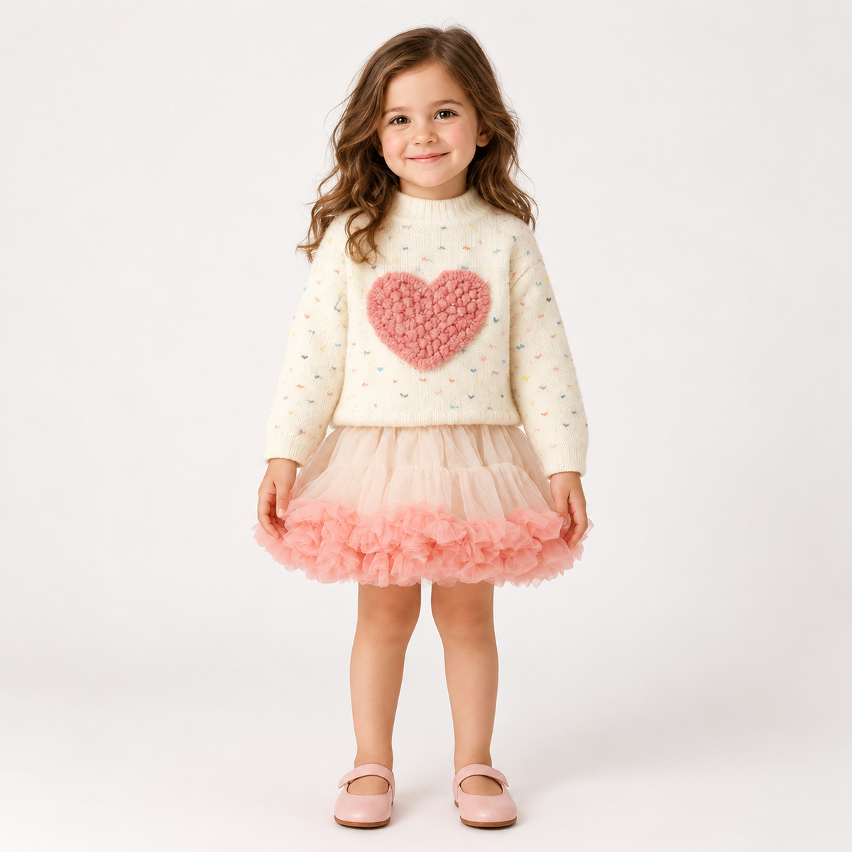 Love Heart Outfit for Girls – Knitted Top & Tulle Skirt