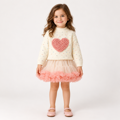 Love Heart Outfit for Girls – Knitted Top & Tulle Skirt