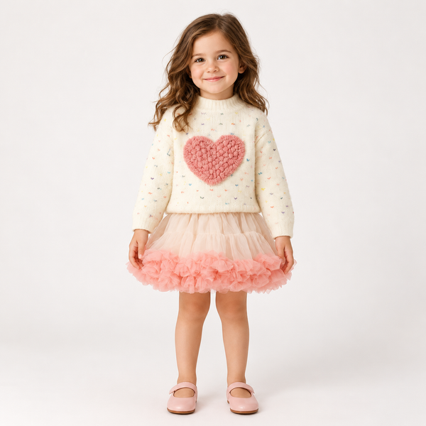Love Heart Outfit for Girls – Knitted Top & Tulle Skirt