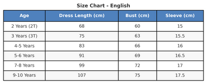 Classic Fairytale Princess Costume size chart with age, height in cm, US and EU sizes – Magic Tree Kids
