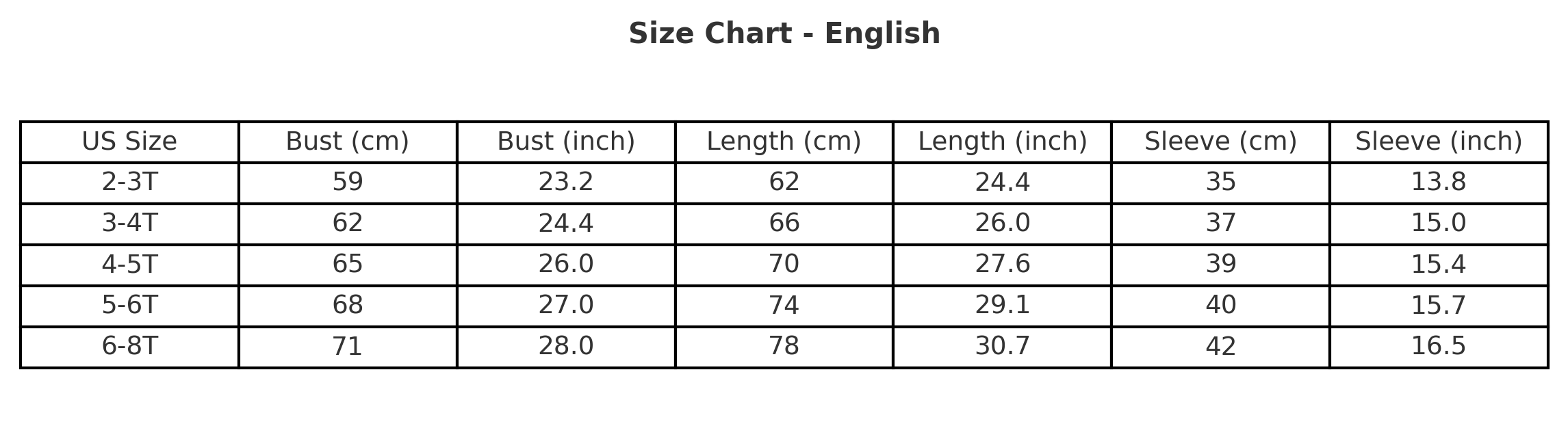 Classic Storybook Princess Long Sleeve Dress size chart with age, height in cm, US and EU sizes – Magic Tree Kids