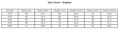 Classic Storybook Princess Long Sleeve Dress size chart with age, height in cm, US and EU sizes – Magic Tree Kids