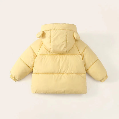 Yellow quilted puffer coat with playful eared hood for kids