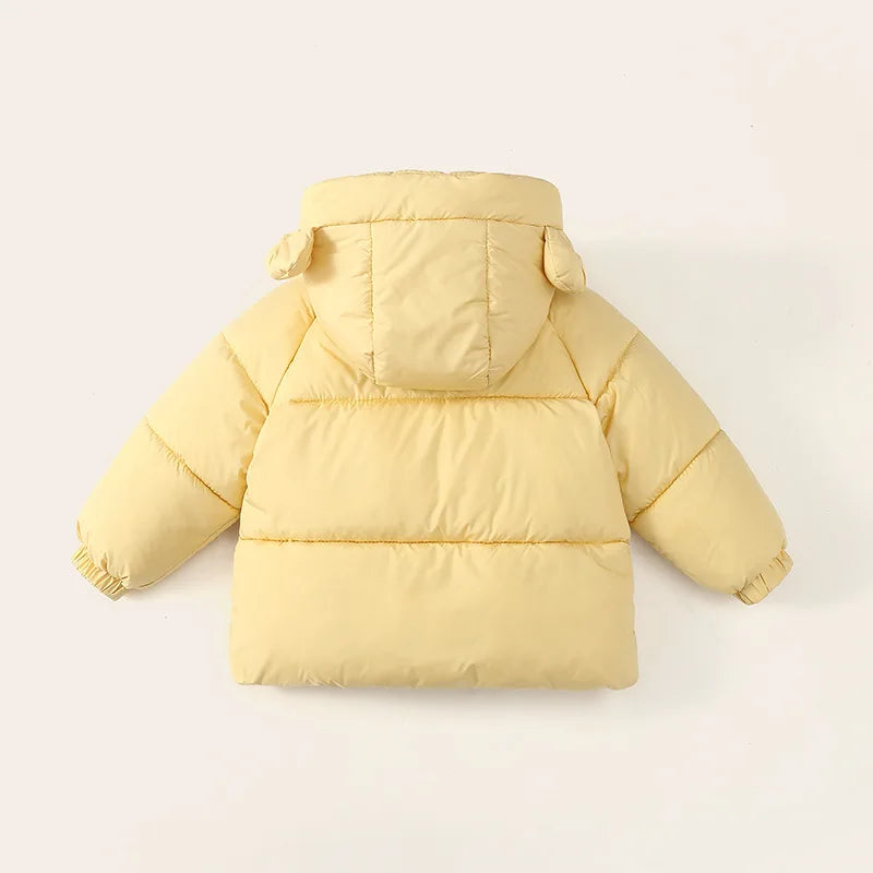 Yellow quilted puffer coat with playful eared hood for kids