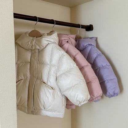 Beige hooded puffer coat for girls with full zip front