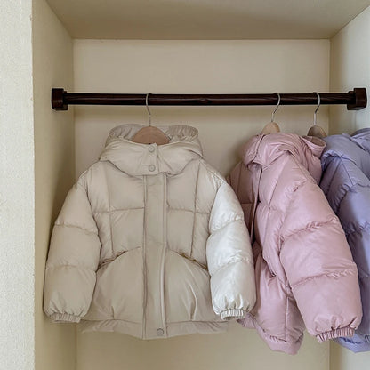 Pink padded winter coat with snug hood for little girls