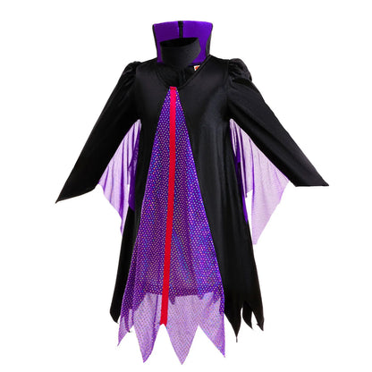 Girls' dark fae queen Halloween costume dress with high collar and flared cape sleeves