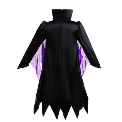 Dramatic dark queen costume gown with shimmer finish and irregular layered hem