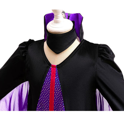 Little girl twirling in a cape-sleeve dark sorceress dress-up costume