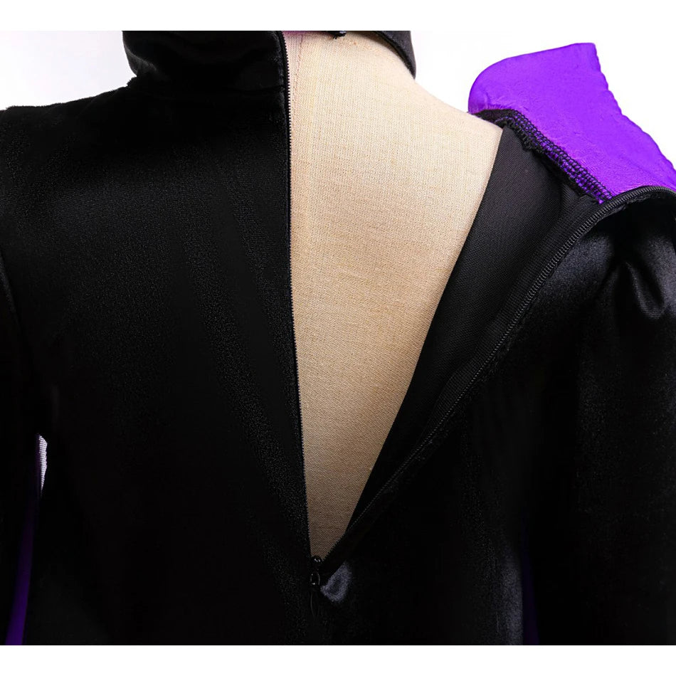 A-line dark fae queen costume dress with swishy flared sleeves for girls