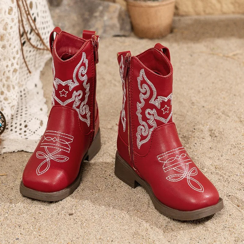 Side view of girls' embroidered cowgirl boots with square heel