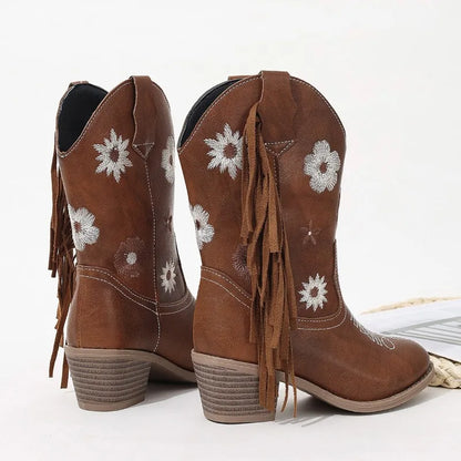 Close-up of floral embroidery on kids' cowgirl boots