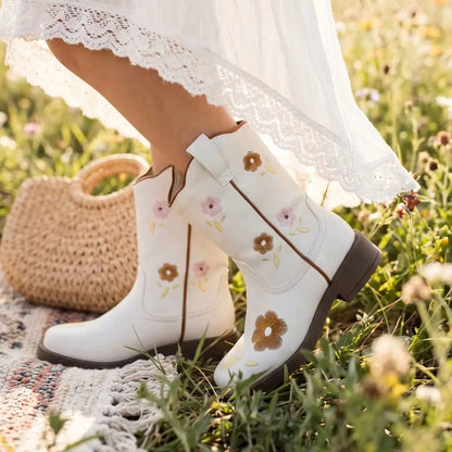 Beige floral square-toe cowgirl boots for girls by Magic Tree Kids
