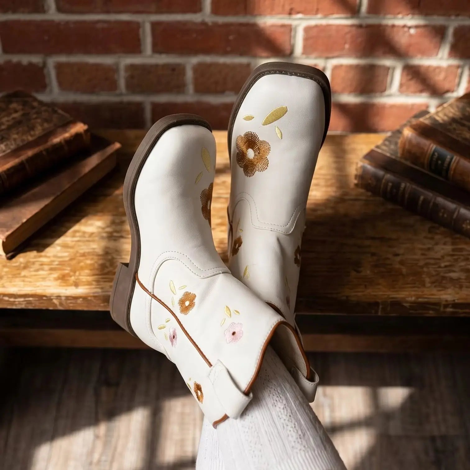 Beige embroidered boots for girls by Magic Tree Kids