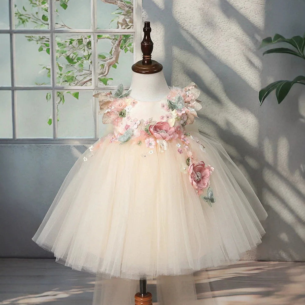 Champagne flower girl tulle princess gown with 3D flowers and pearls, front view