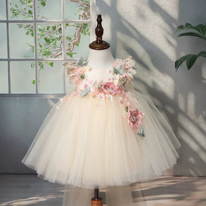 Champagne flower girl tulle princess gown with 3D flowers and pearls, front view