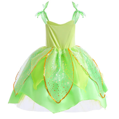 Green fairy suspender dress with floral accents for girls