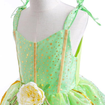 Flowy green fairy party dress with floral charm for girls