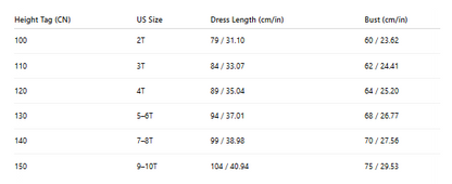 Frostlight Queen costume size chart with age, height in cm, US and EU sizes – Magic Tree Kids
