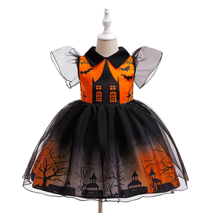 Girls' Ghost Castle Halloween tutu dress in orange and black by Magic Tree Kids
