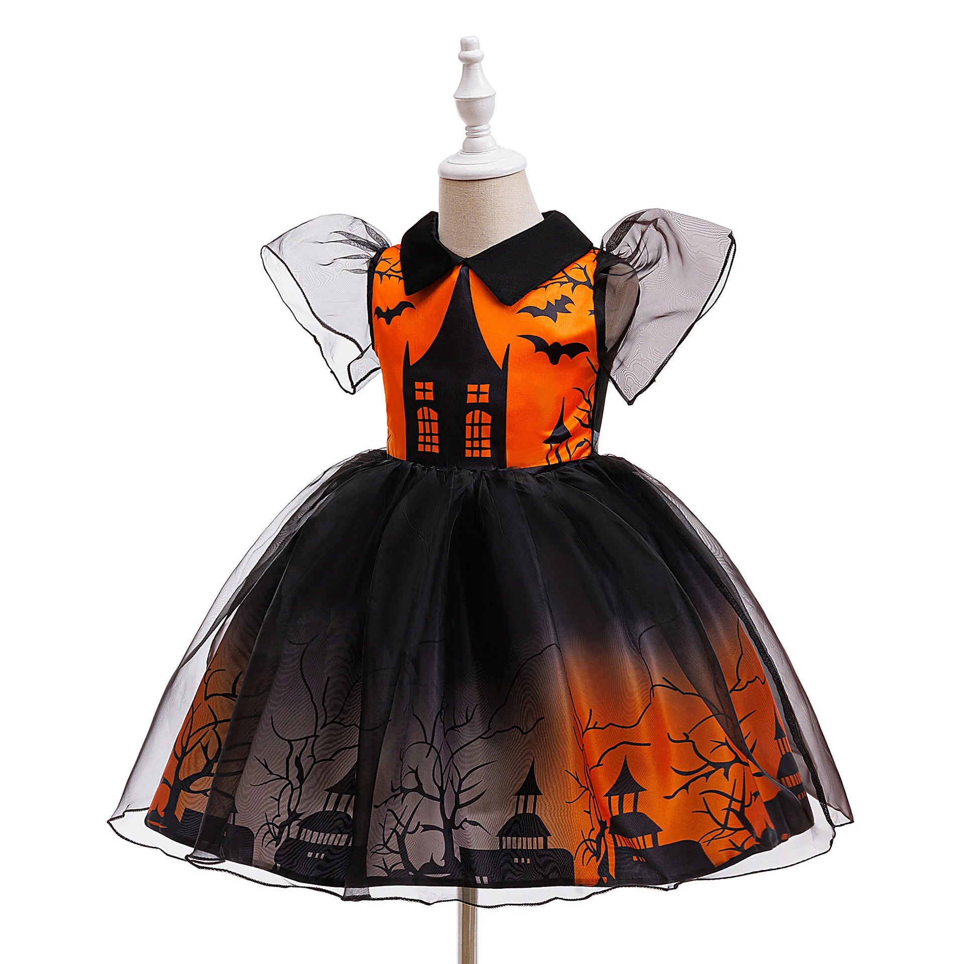 Orange and black puff tutu Halloween dress with ghost castle print