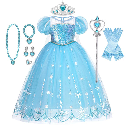 Girl twirling in the sparkling blue snow queen princess costume dress