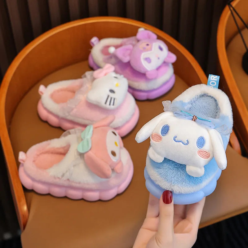 Girls plush cloud slippers with 3D cartoon character and bow