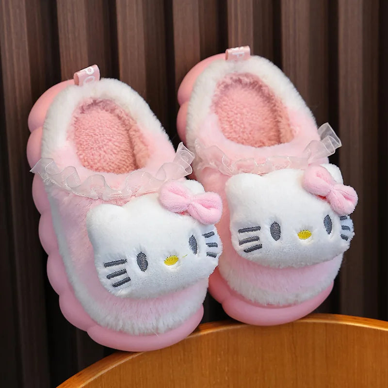 Light pink girls 3D plush cloud slippers, high back style