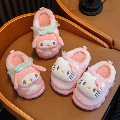 Pink girls 3D plush cloud slippers with bows