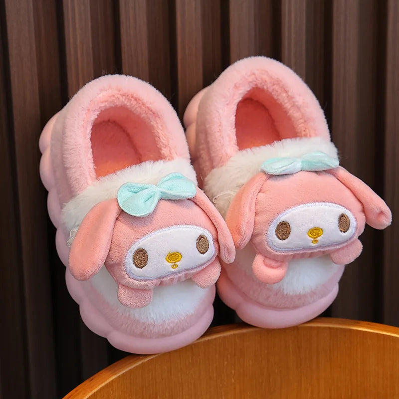 Pink girls 3D plush cloud slippers with bow