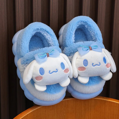 Sky blue girls 3D plush cloud slippers with bow