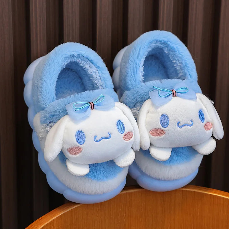 Sky blue girls 3D plush cloud slippers with bow