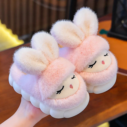Blush pink girls bunny plush slippers with sleepy face