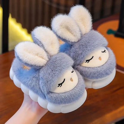Dusty blue kids bunny plush slippers with fluffy ears