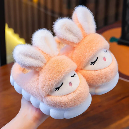 Peach girls bunny plush slippers with thick cushioned sole