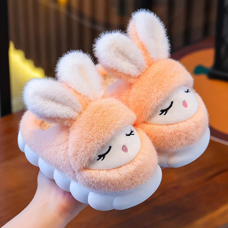 Peach girls bunny plush slippers with thick cushioned sole
