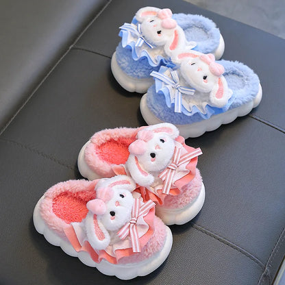 Bunny ruffle and bow slippers for girls in sky blue and coral pink