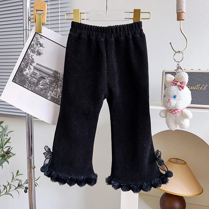 Black girls fleece-lined corduroy flare pants with pom-pom trim