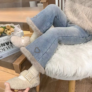 Girls Fleece-Lined Flare Jeans with Faux Fur Hem