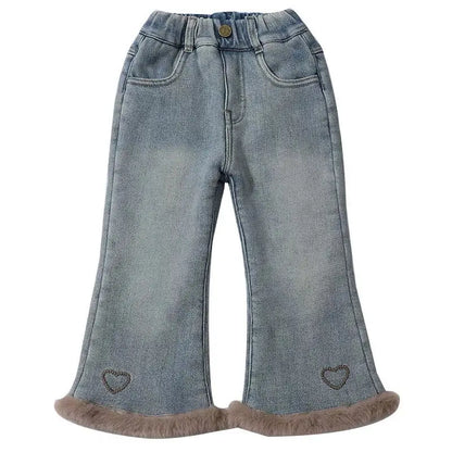 Girls fleece-lined flare jeans with elastic waist, pockets and faux fur hem