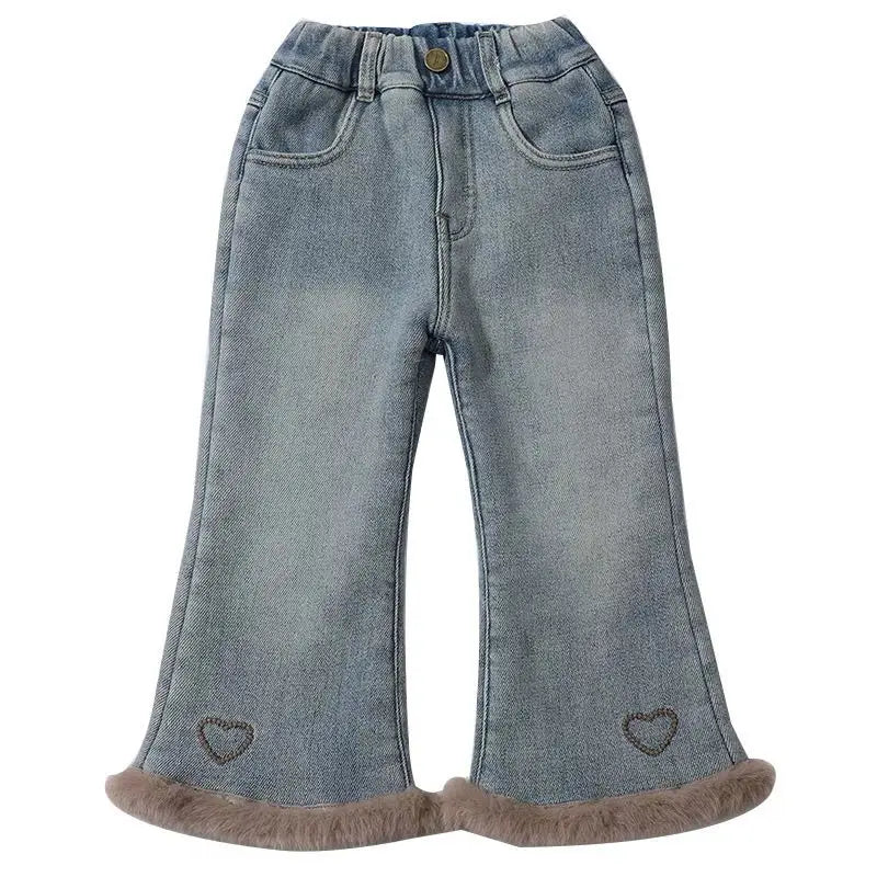 Girls fleece-lined flare jeans with elastic waist, pockets and faux fur hem