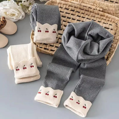 Charcoal gray girls fleece-lined leggings with scalloped cherry cuffs