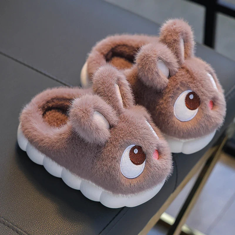 Fluffy bunny clog slippers for kids in mocha brown with plush lining