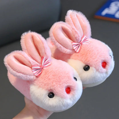 Blush pink girls fluffy bunny slippers with long ears and bow
