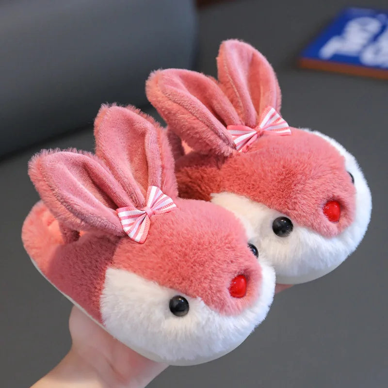 Rose pink girls fluffy bunny slippers with bow